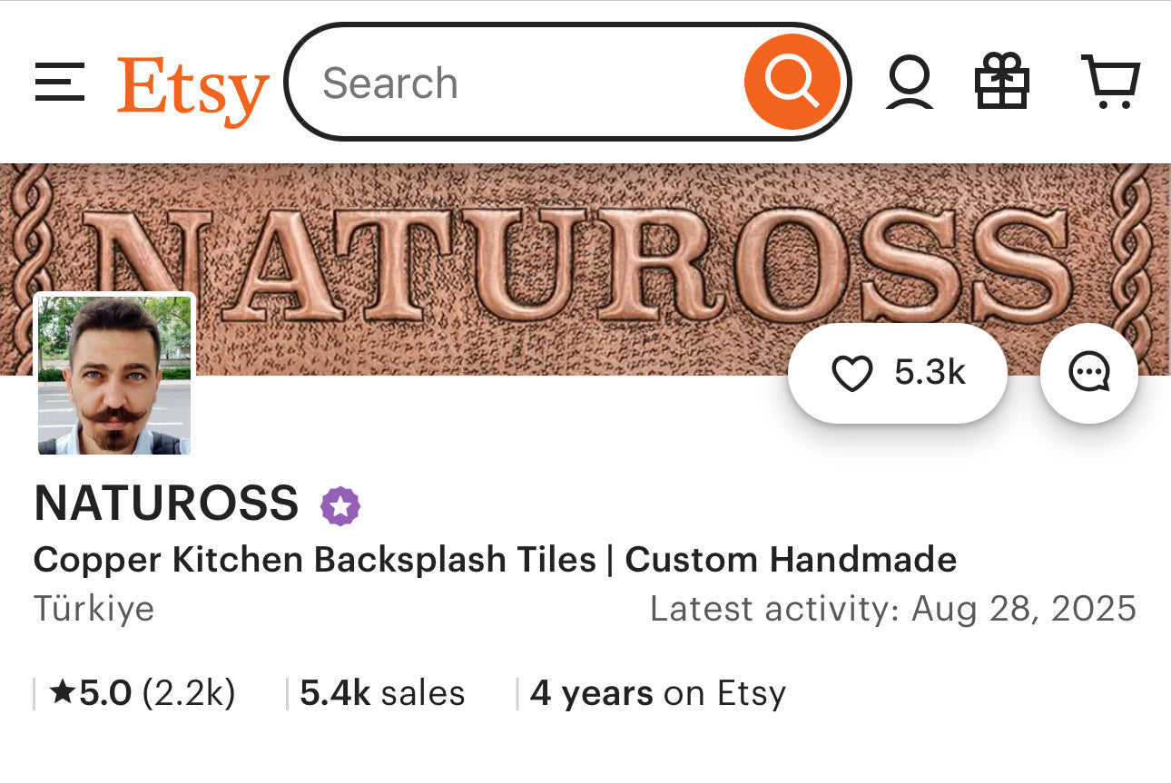 Etsy profile page for a seller named NATUROSS with a copper-themed banner.