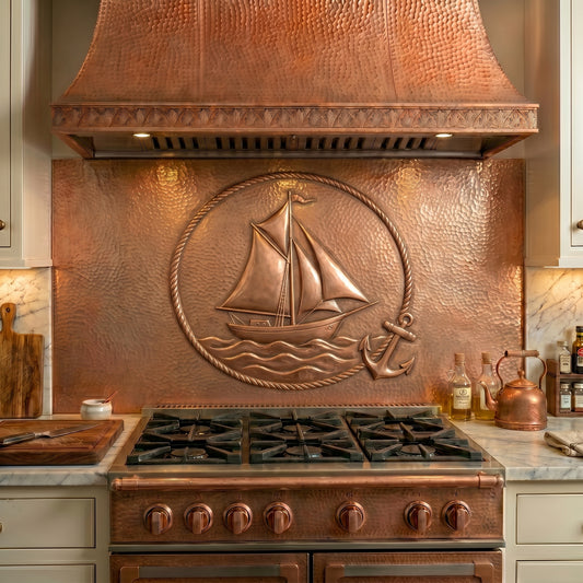 Handmade Nautical Style Copper Kitchen Backsplash crafted from real copper. Featuring a sailboat, anchor, rope border, and coastal maritime design. Custom sizes available.