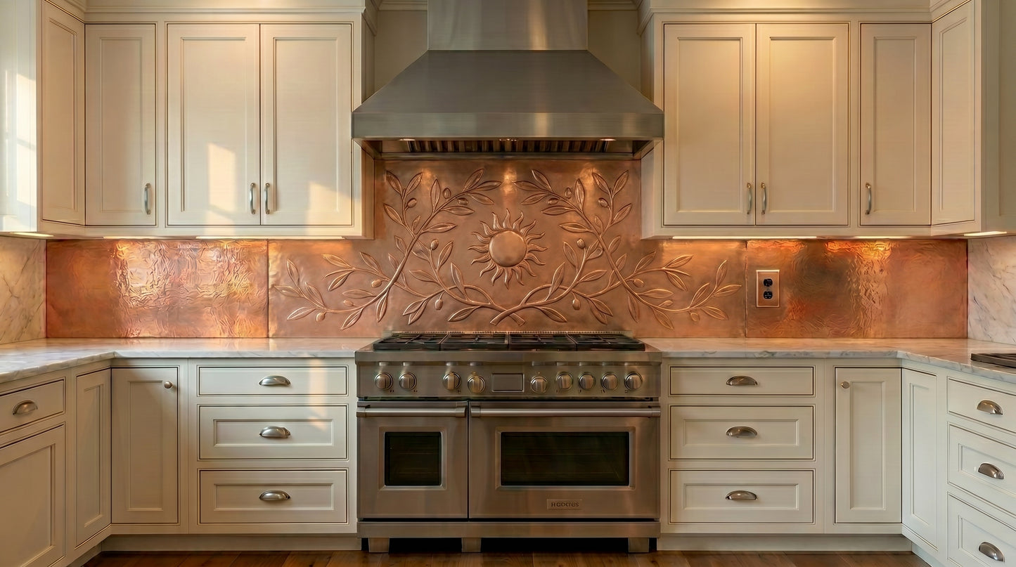 Handcrafted olive branch fitted copper kitchen backsplash featuring Mediterranean-inspired olive leaves and a radiant sun motif. Custom made from real copper for luxury kitchens and fitted backsplash installations.
