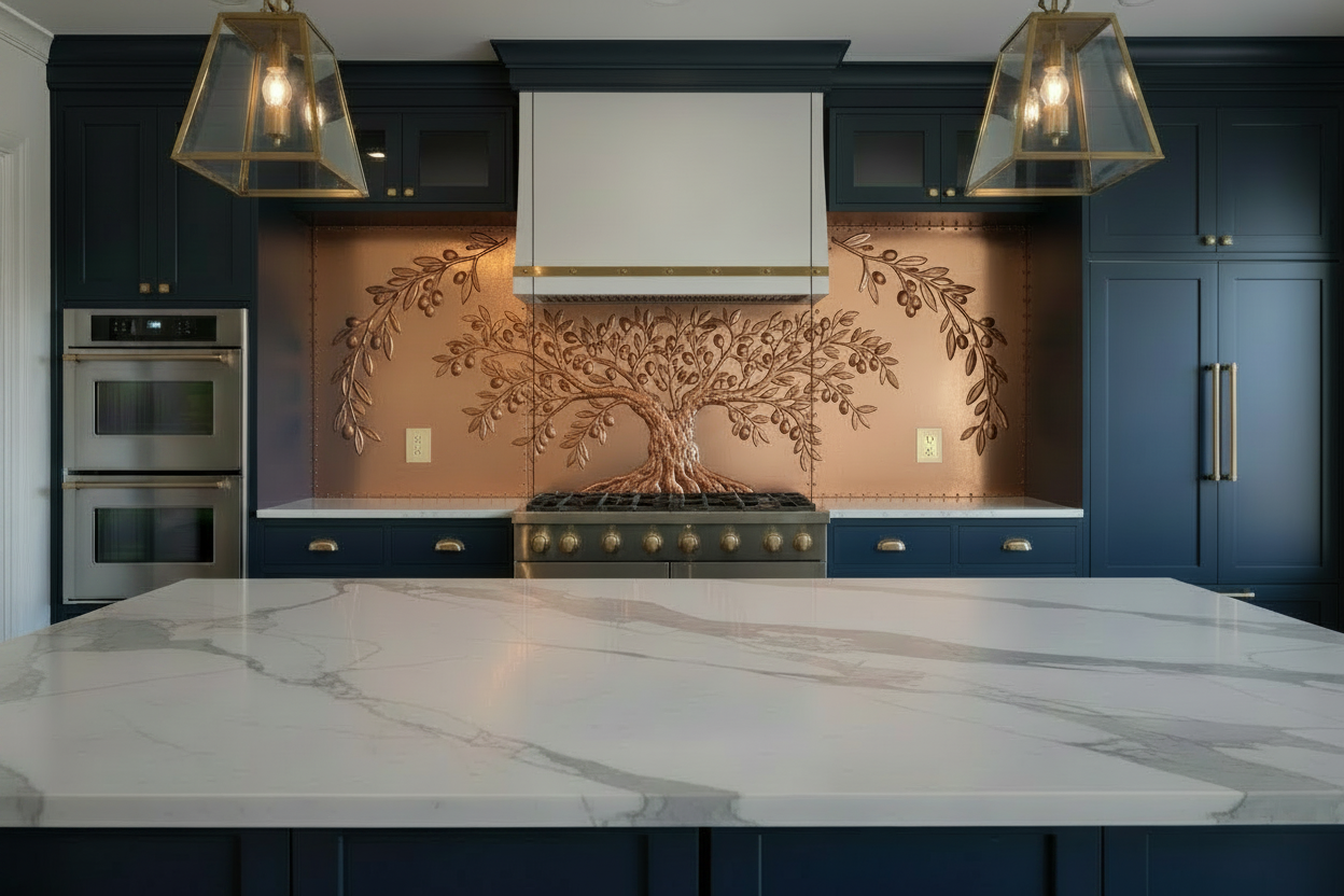 Copper gas range backsplash with Mediterranean olive tree center panel, diagonal olive branch side panels, outlet cutouts, pure natural copper relief, luxury dark cabinet kitchen