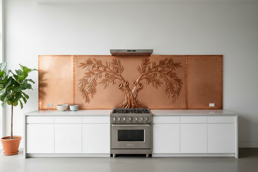 Three hand-hammered natural copper panels on tall flat wall in modern open kitchen — center panel with symmetrical olive branch repoussé relief featuring thick gnarled realistic olive tree trunk, sweeping branches with olive clusters and narrow leaves, plain hammered stipple side panels, warm reddish-brown natural copper, sleek handleless cabinets, quartz countertops, no upper cabinets