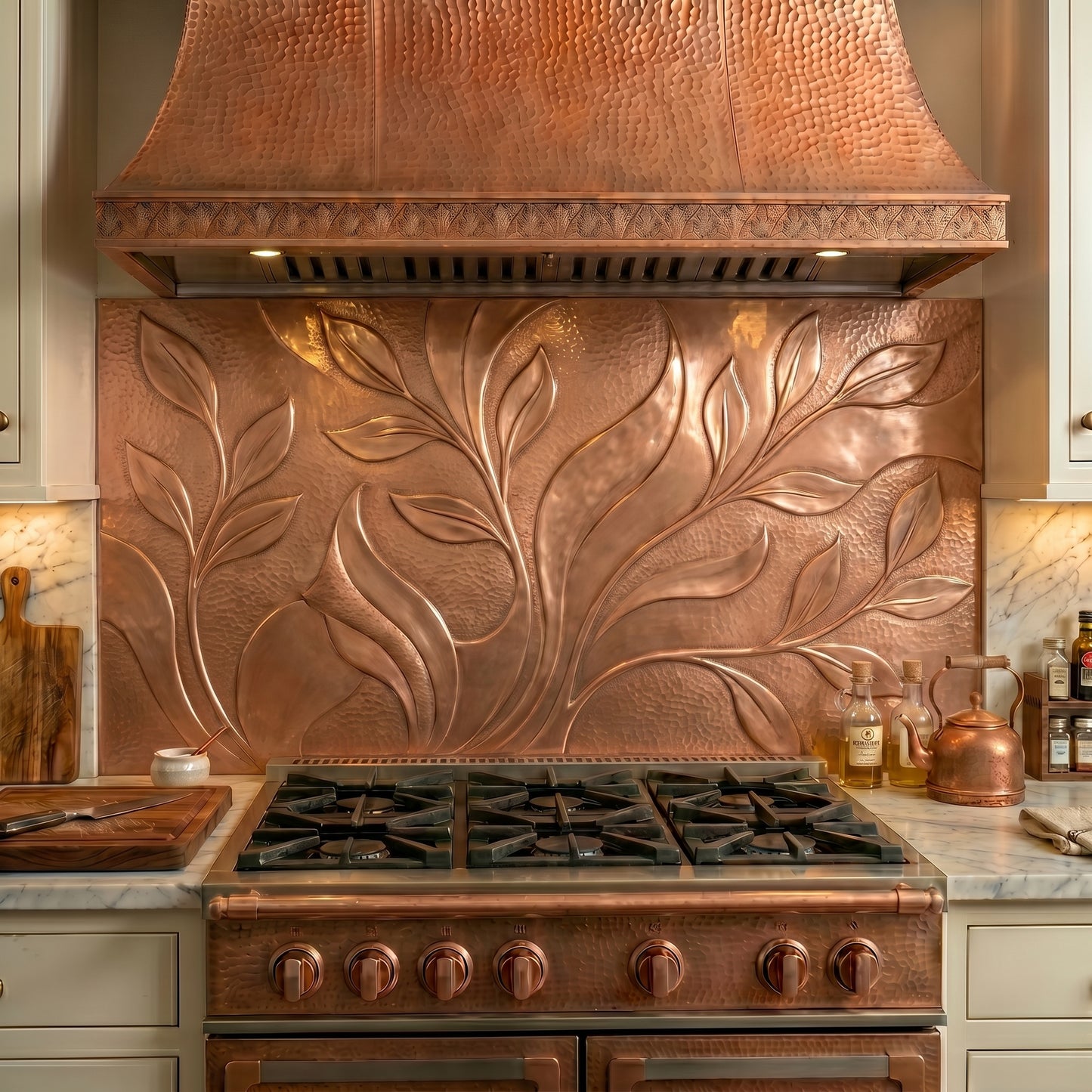 Handmade Organic Modern Style Copper Kitchen Backsplash crafted from real copper. Featuring flowing botanical forms and nature-inspired contemporary design. Custom sizes available.