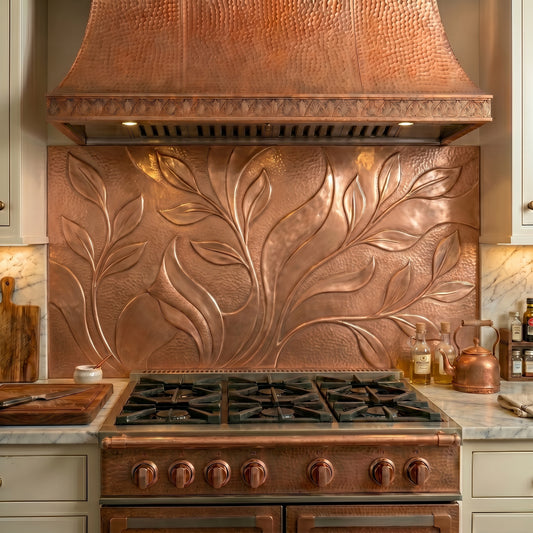Handmade Organic Modern Style Copper Kitchen Backsplash crafted from real copper. Featuring flowing botanical forms and nature-inspired contemporary design. Custom sizes available.