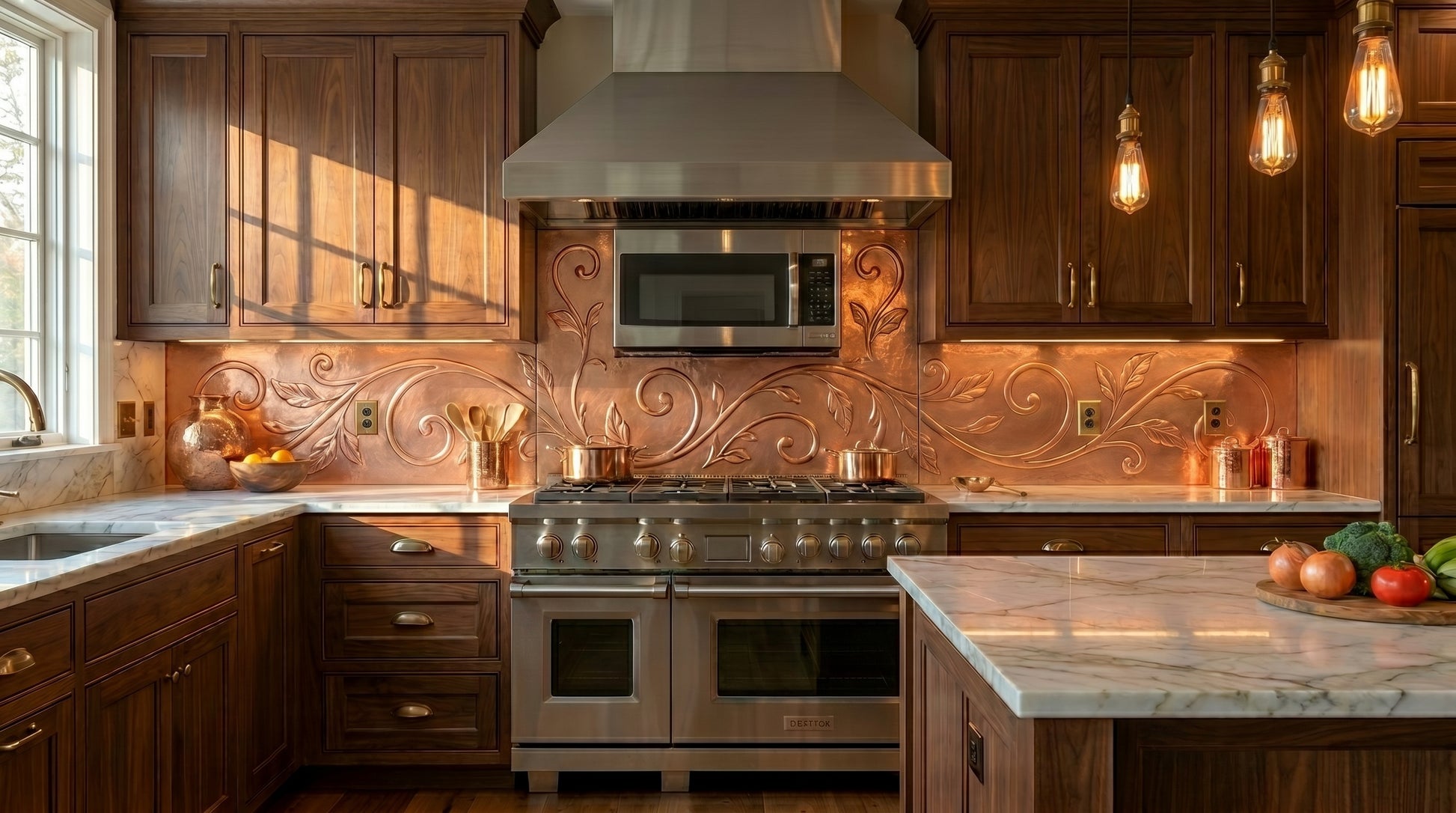 Copper kitchen backsplash for kitchens with a microwave above the stove, featuring handmade ornamental vine scrollwork. Custom made from real copper in your choice of size and finish.
