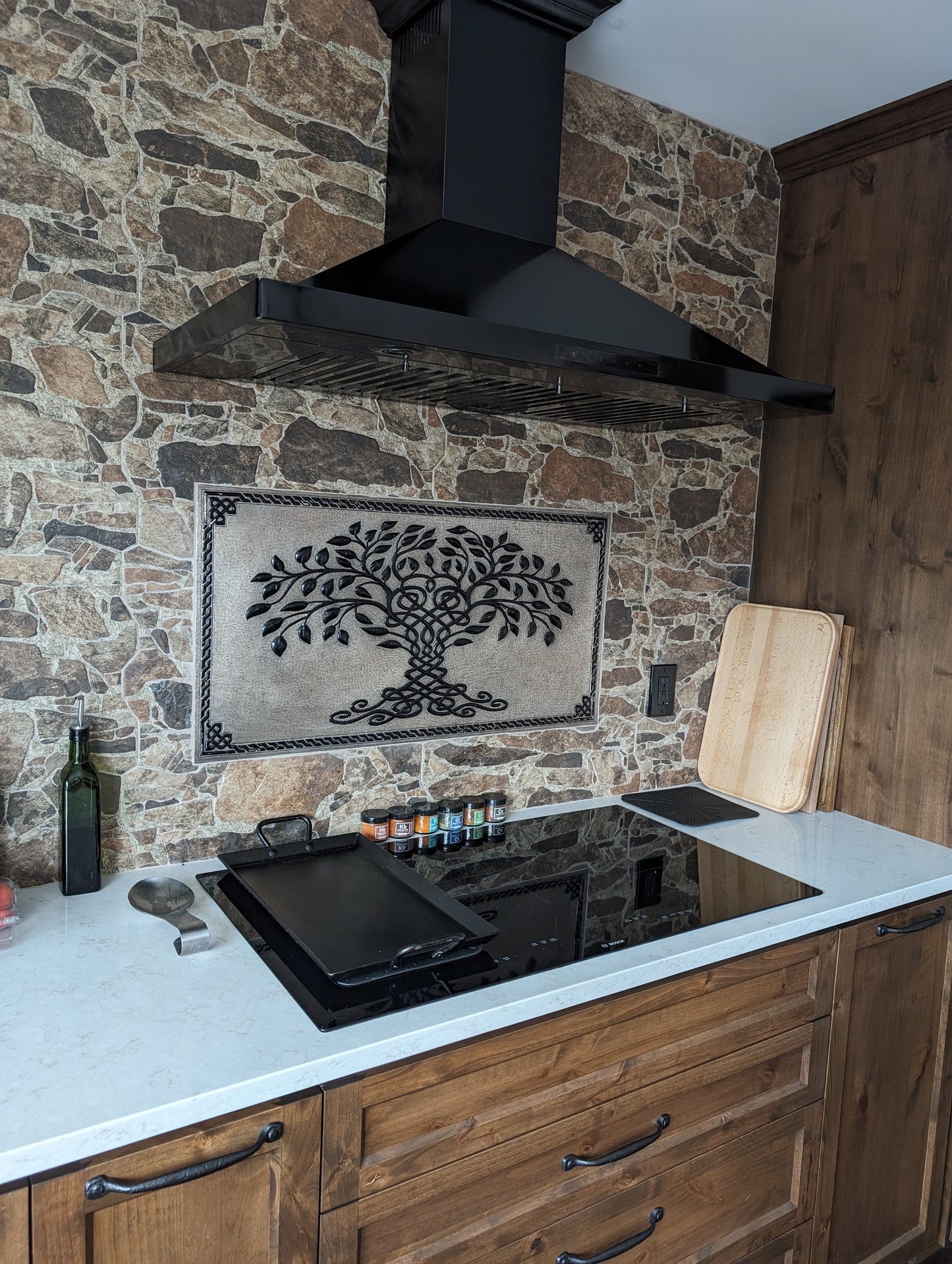 Gray & Black Tree of Life Backsplash | Bold Handmade Copper Kitchen Backsplash Panel - Natuross