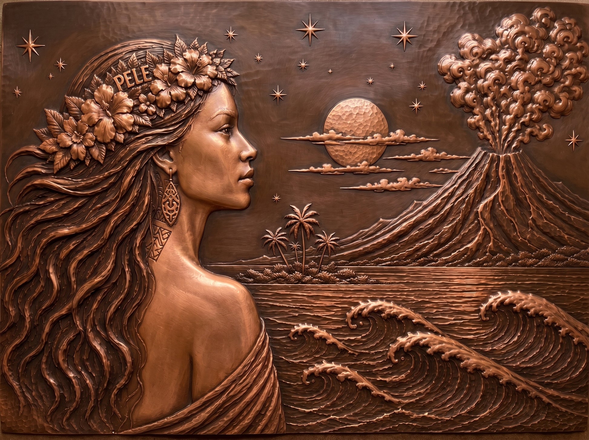 Handcrafted copper kitchen backsplash featuring Pele, the Hawaiian goddess of volcanoes, with an erupting volcano, ocean waves, palm trees, moon, and tropical island landscape