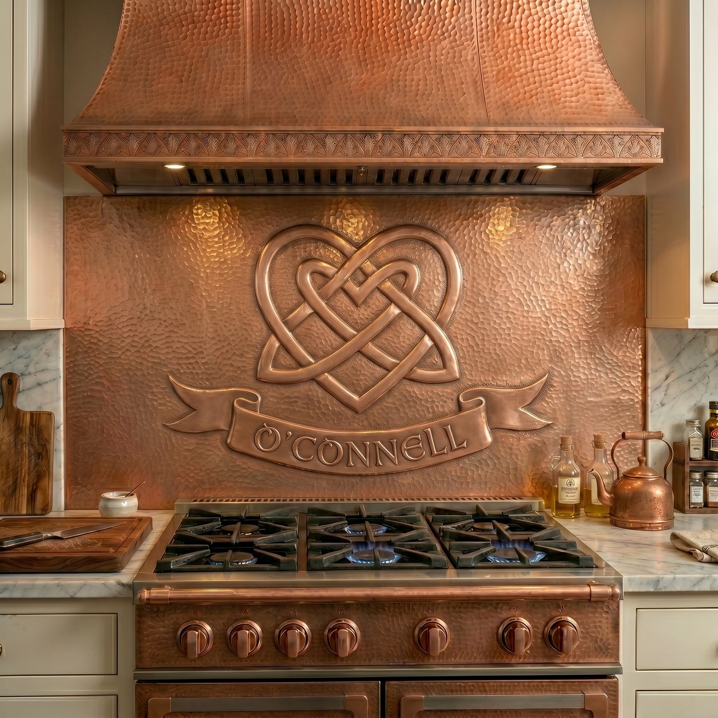 Personalized Celtic Heart Knot copper stove backsplash handcrafted from real copper. Custom family name copper backsplash featuring Celtic love knot symbolism and Irish heritage design.