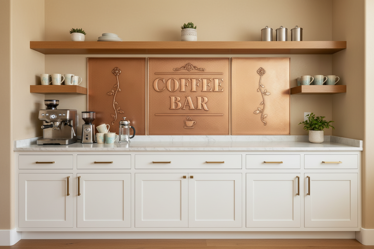 Copper coffee bar backsplash with vintage COFFEE BAR lettering on center panel and ornamental tendril side panels — white shaker kitchen setting