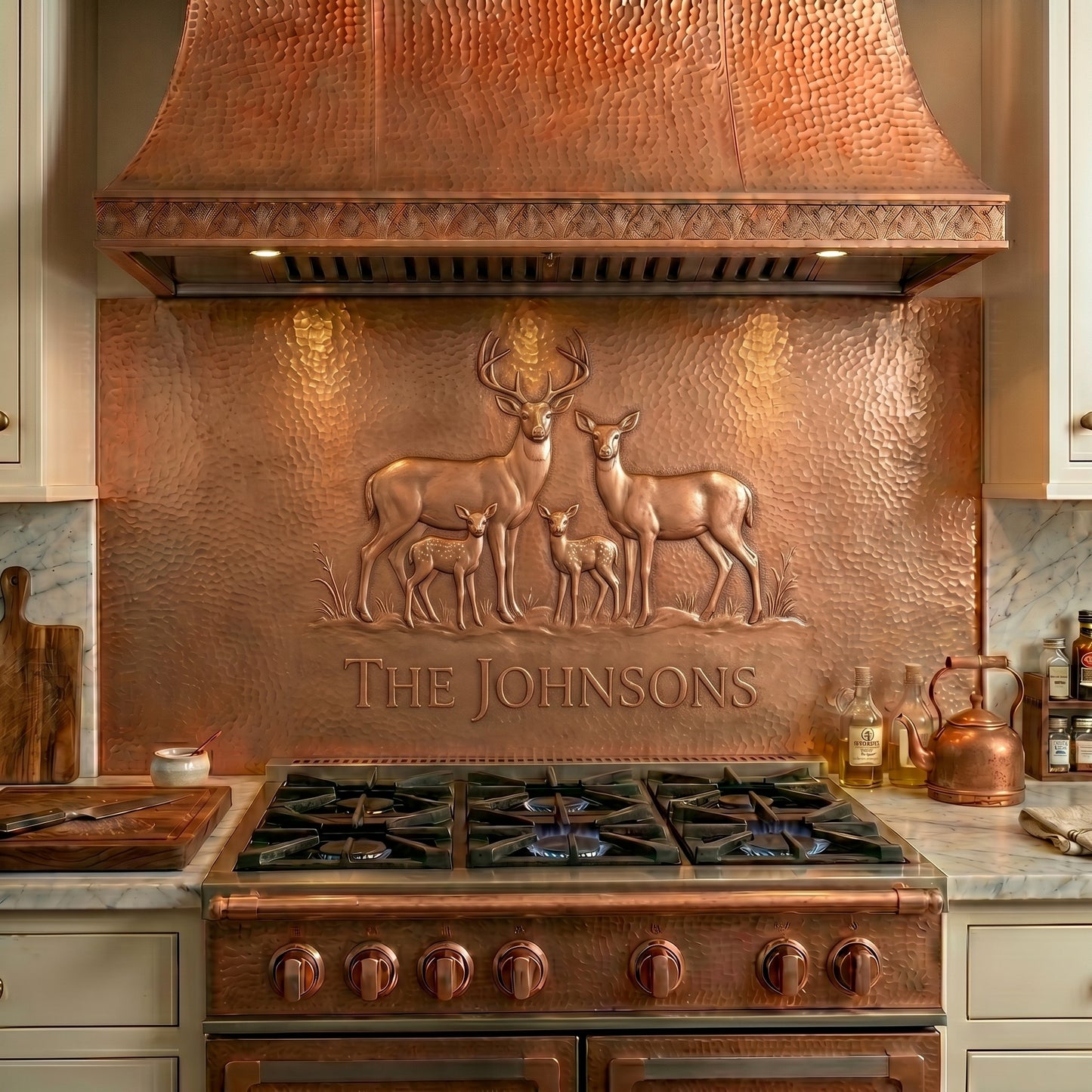 Personalized copper stove backsplash featuring a deer family with a buck, doe, fawns, and custom family name. Handmade copper kitchen backsplash for cabins, lodges, ranches, and nature-inspired homes. Available in custom sizes and finishes.