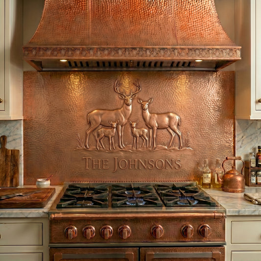 Personalized copper stove backsplash featuring a deer family with a buck, doe, fawns, and custom family name. Handmade copper kitchen backsplash for cabins, lodges, ranches, and nature-inspired homes. Available in custom sizes and finishes.