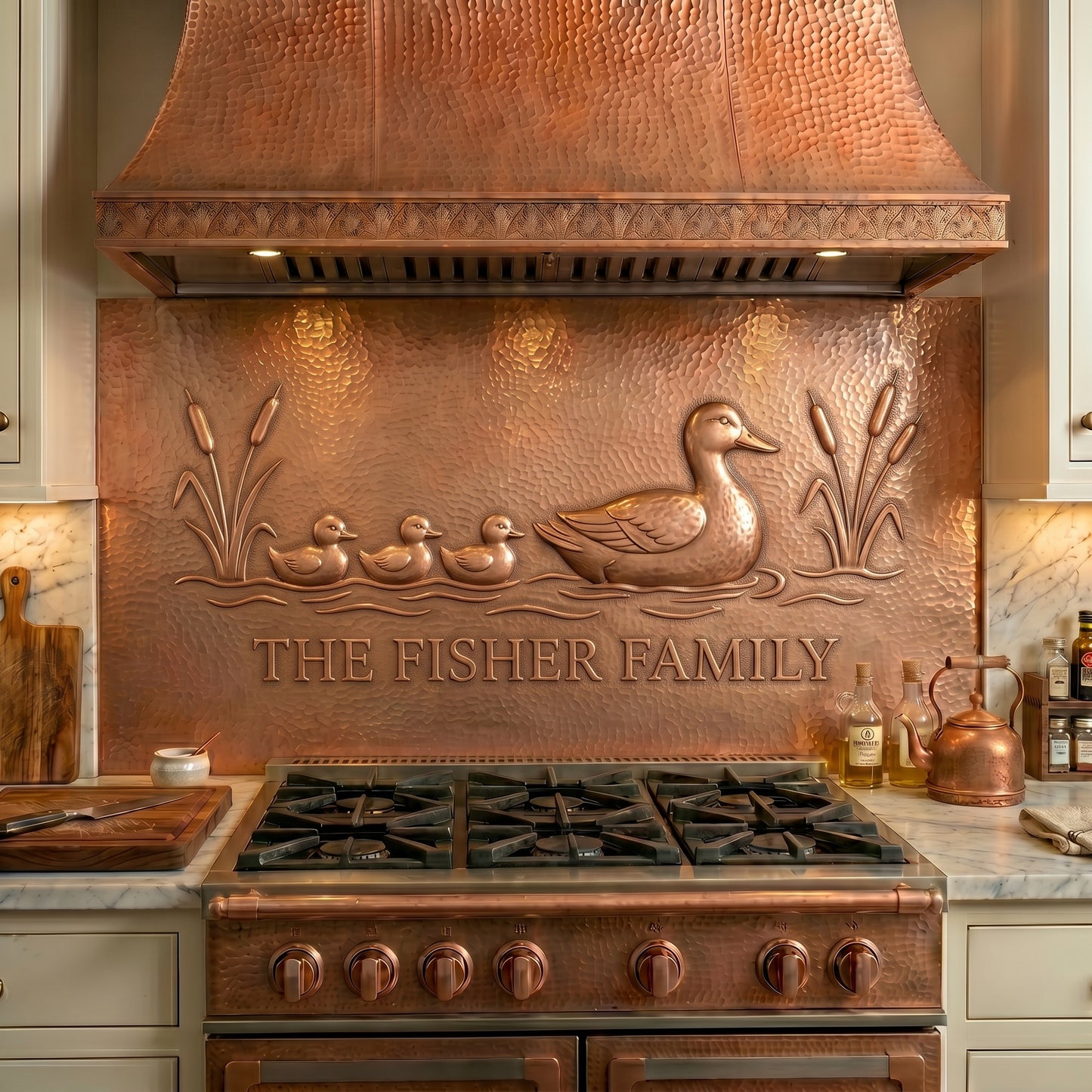 Personalized copper stove backsplash featuring a duck family and custom family name. Handmade copper kitchen backsplash inspired by lakes, wildlife, and family traditions. Available in custom sizes and finishes.