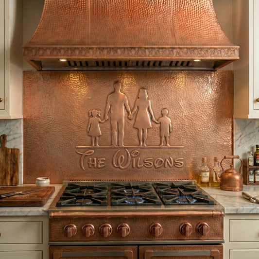 Personalized family silhouette copper stove backsplash handcrafted from real copper. Custom family name kitchen backsplash available in custom sizes for homes, gifts, and family kitchens.