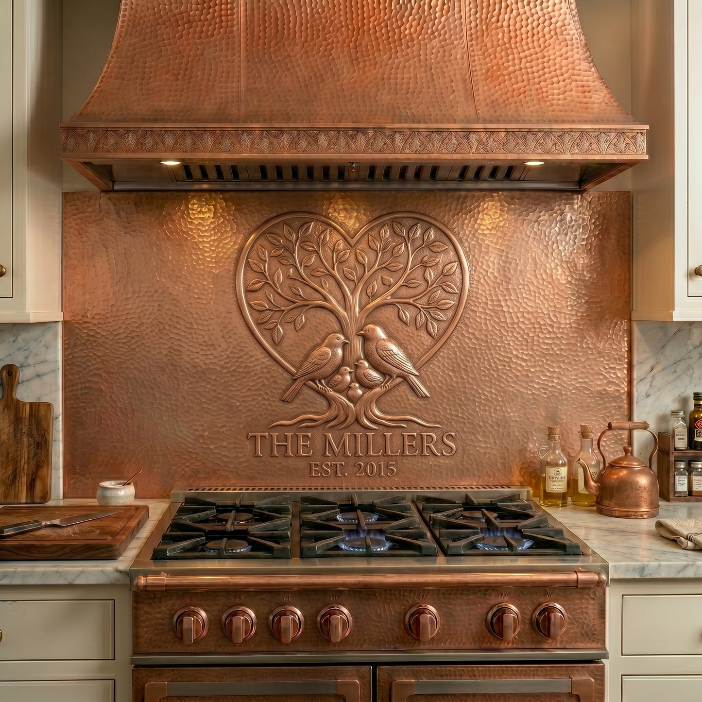 Personalized Family Tree copper stove backsplash handcrafted from real copper. Custom family name copper kitchen backsplash with birds, established date, and heart-shaped tree design.