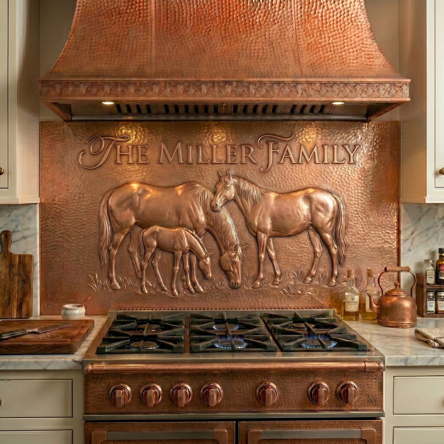 Personalized copper stove backsplash featuring a horse family with custom family name. Handmade copper kitchen backsplash for ranch homes, equestrian properties, and country kitchens. Available in custom sizes and finishes.