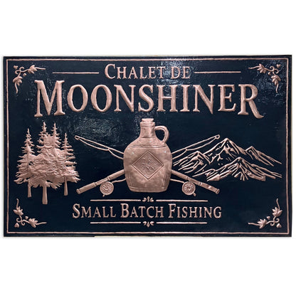 Custom copper kitchen backsplash featuring mountains, fishing rods, evergreen trees, and personalized lodge text. Handmade from real copper for stove backsplashes, cabin kitchens, fishing retreats, mountain homes, and rustic lodge interiors.