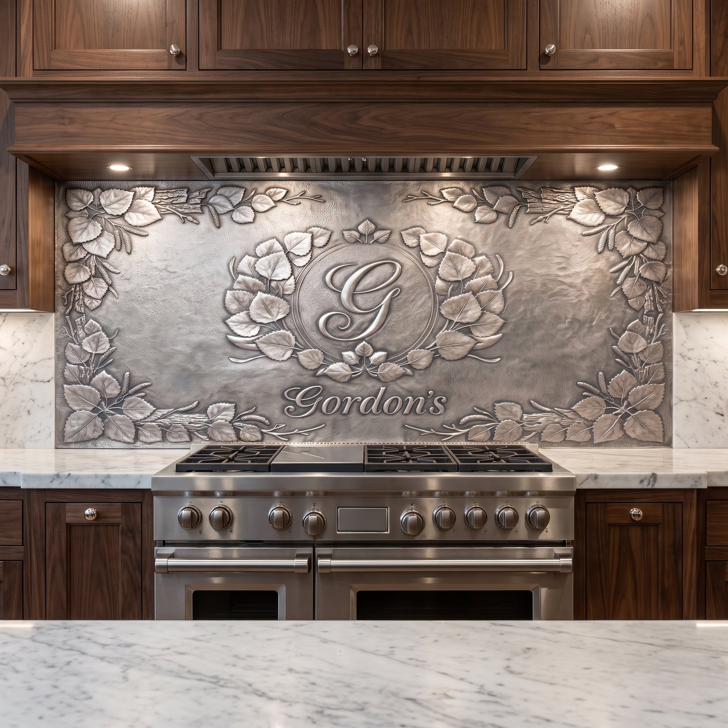 Personalized Quaking Aspen kitchen backsplash with custom monogram and family name installed behind a stainless steel range