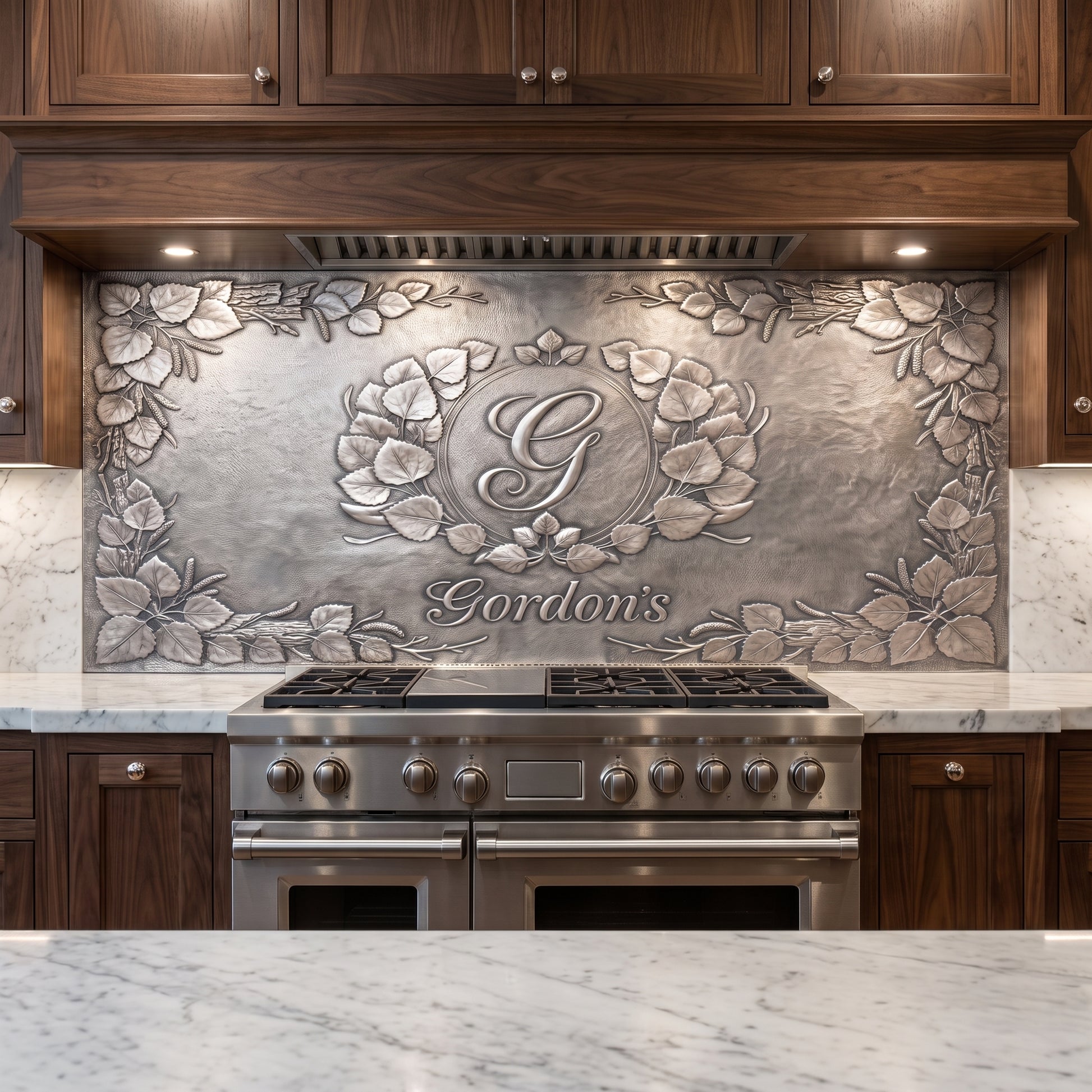 Personalized Quaking Aspen kitchen backsplash with custom monogram and family name installed behind a stainless steel range