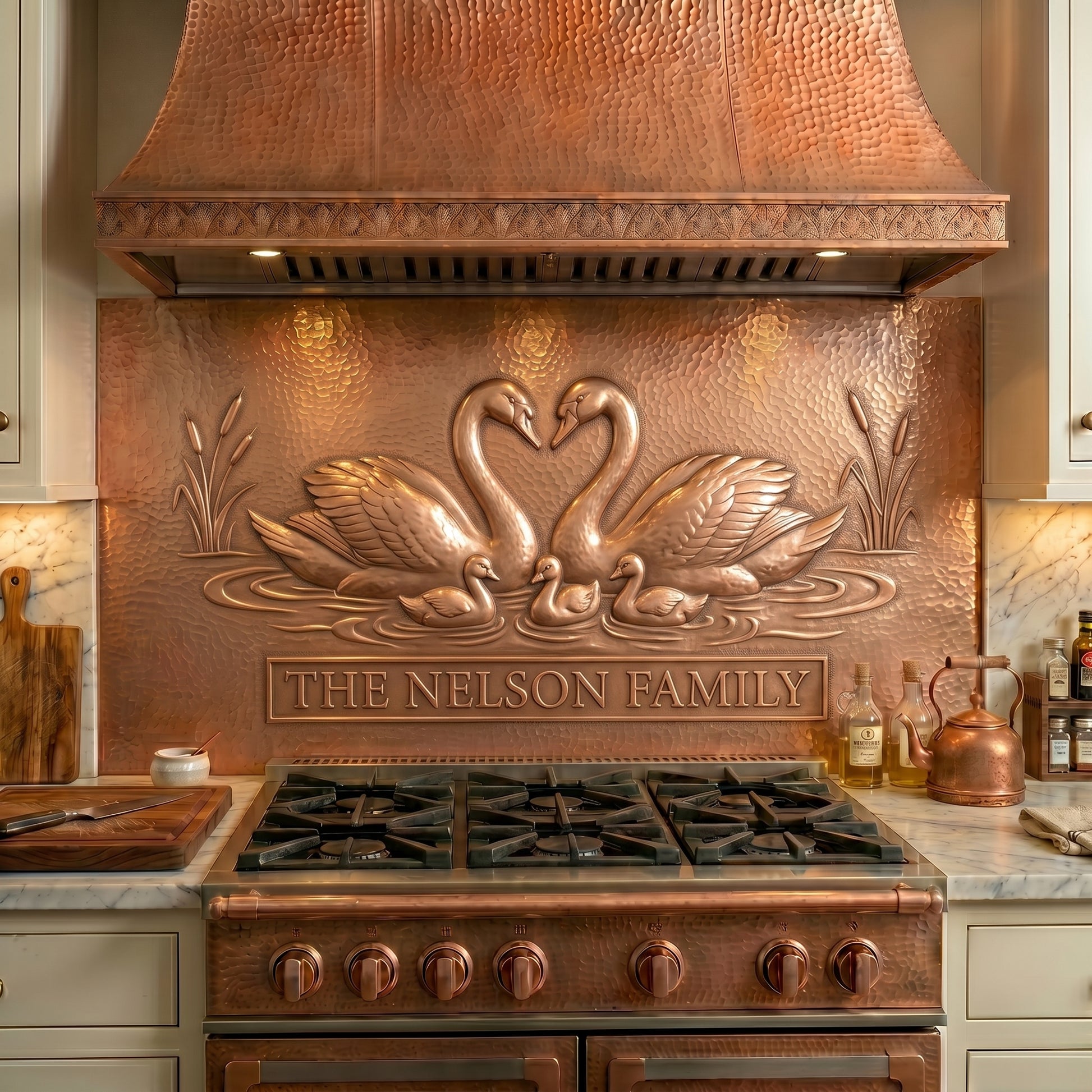 Personalized copper stove backsplash featuring a swan family, heart-shaped swan design, and custom family name. Handmade copper kitchen backsplash available in custom sizes and finishes.