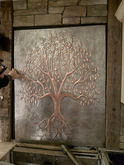 Tree With Roots Copper Backsplash — Silver–Copper