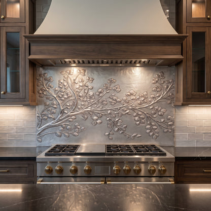 Wide Aspen Branch kitchen backsplash featuring sweeping branches and raised aspen leaves beneath a wood range hood
