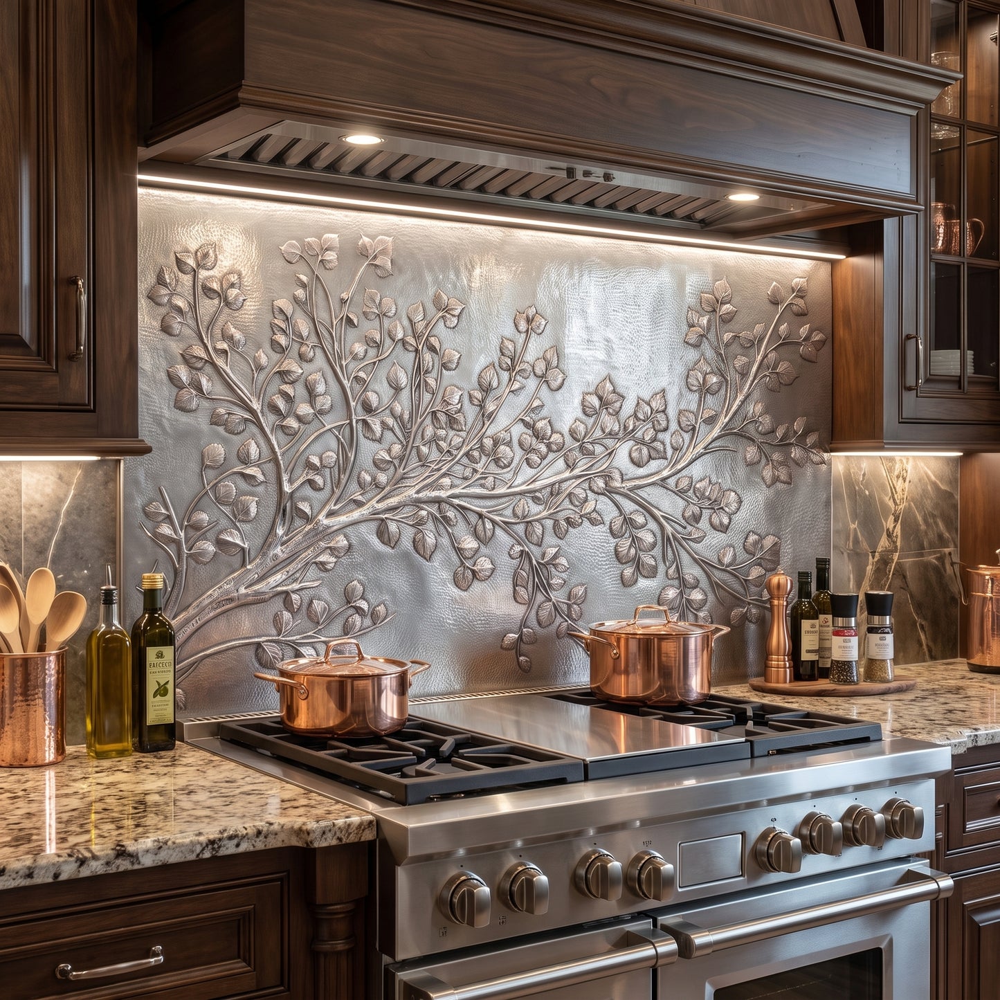 Aspen Branch metal kitchen backsplash with raised quaking aspen leaves and hand-hammered background installed behind a stainless steel range