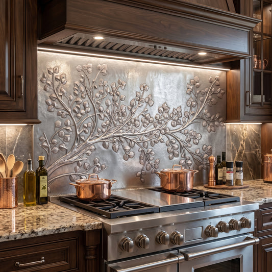 Aspen Branch metal kitchen backsplash with raised quaking aspen leaves and hand-hammered background installed behind a stainless steel range