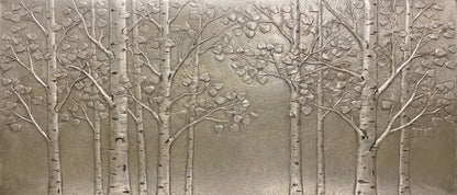 Quaking Aspen Grove metal backsplash design with hand-formed tree trunks, branches, heart-shaped leaves, and hammered background