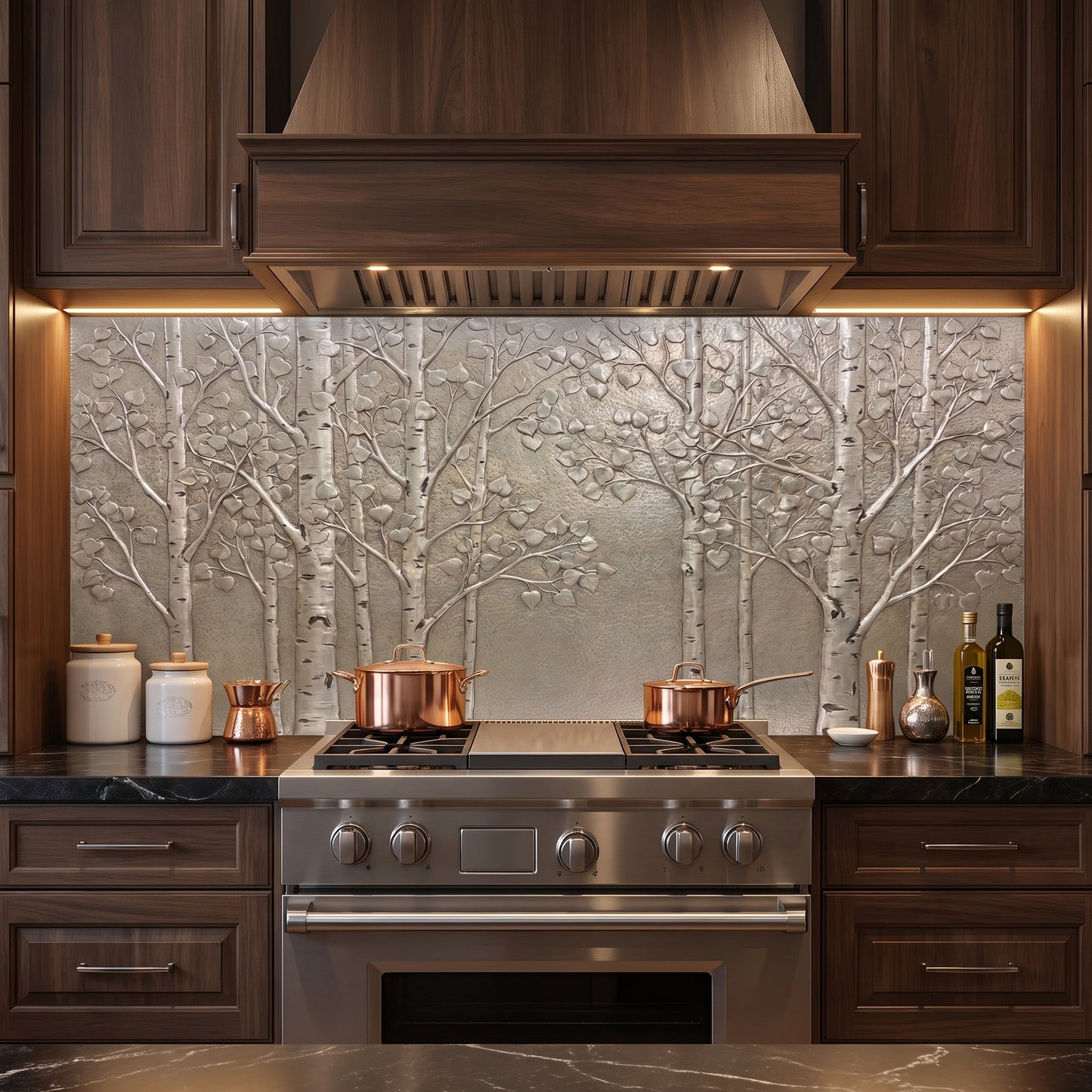 A modern kitchen setup featuring a large decorative backsplash with a 3D relief design of quaking aspen trees on a textured gray background. The backsplash is installed behind a stainless steel gas range and cooktop, set between dark brown wooden cabinets with copper pots on the stovetop.