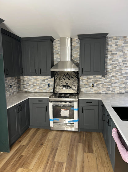 Mountain Pines & Deer Copper Backsplash — Silver–Copper