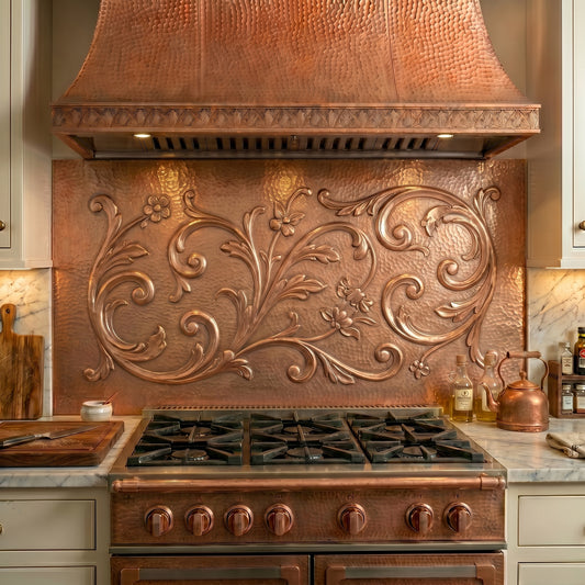 Handmade Rococo Style Copper Kitchen Backsplash crafted from real copper. Featuring elegant scrollwork and flowing floral ornament inspired by French Rococo design. Custom sizes available.