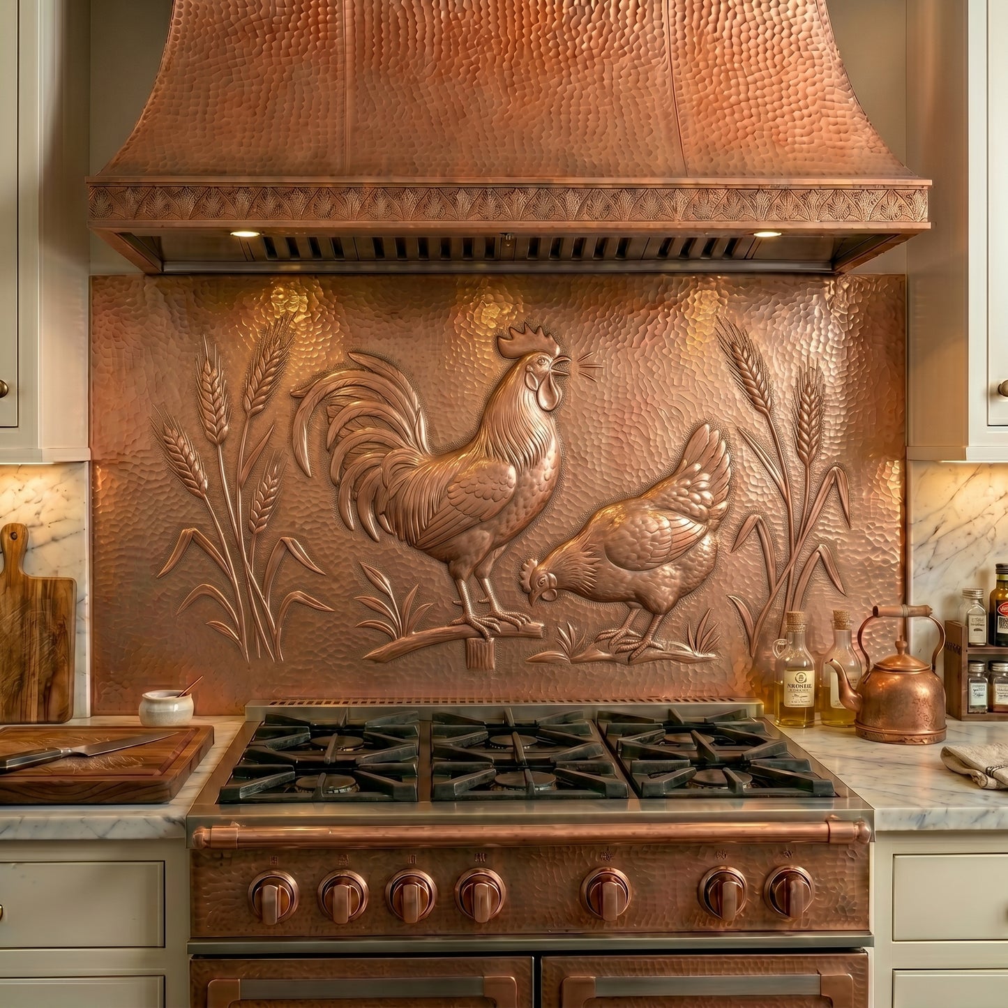 Handmade Rooster & Hen copper kitchen backsplash behind the stove. Farmhouse-inspired wall decor featuring a crowing rooster and foraging hen surrounded by wheat stalks, creating a warm focal point for country kitchens, farm homes, ranch properties, and rustic interiors.
