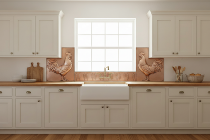 Handcrafted rooster copper kitchen backsplash designed for large kitchens with windows above the sink. Real copper farmhouse backsplash panels custom made to fit window layouts, farmhouse kitchens, cottages, and country homes.