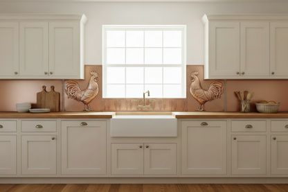Five copper panels around farmhouse kitchen sink window — proud rooster in repoussé relief on each side panel flanking the window, shorter wheat pattern center panel below window, plain hammered copper accent panels on outer edges, warm natural copper tone matching magnolia reference, fine stipple background, black hairline seams, cream shaker cabinets, butcher block countertop, farmhouse apron sink