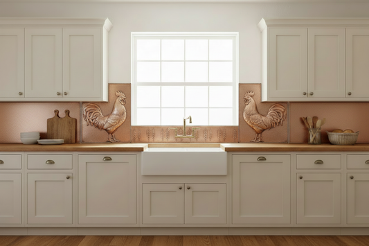 Five copper panels around farmhouse kitchen sink window — proud rooster in repoussé relief on each side panel flanking the window, shorter wheat pattern center panel below window, plain hammered copper accent panels on outer edges, warm natural copper tone matching magnolia reference, fine stipple background, black hairline seams, cream shaker cabinets, butcher block countertop, farmhouse apron sink