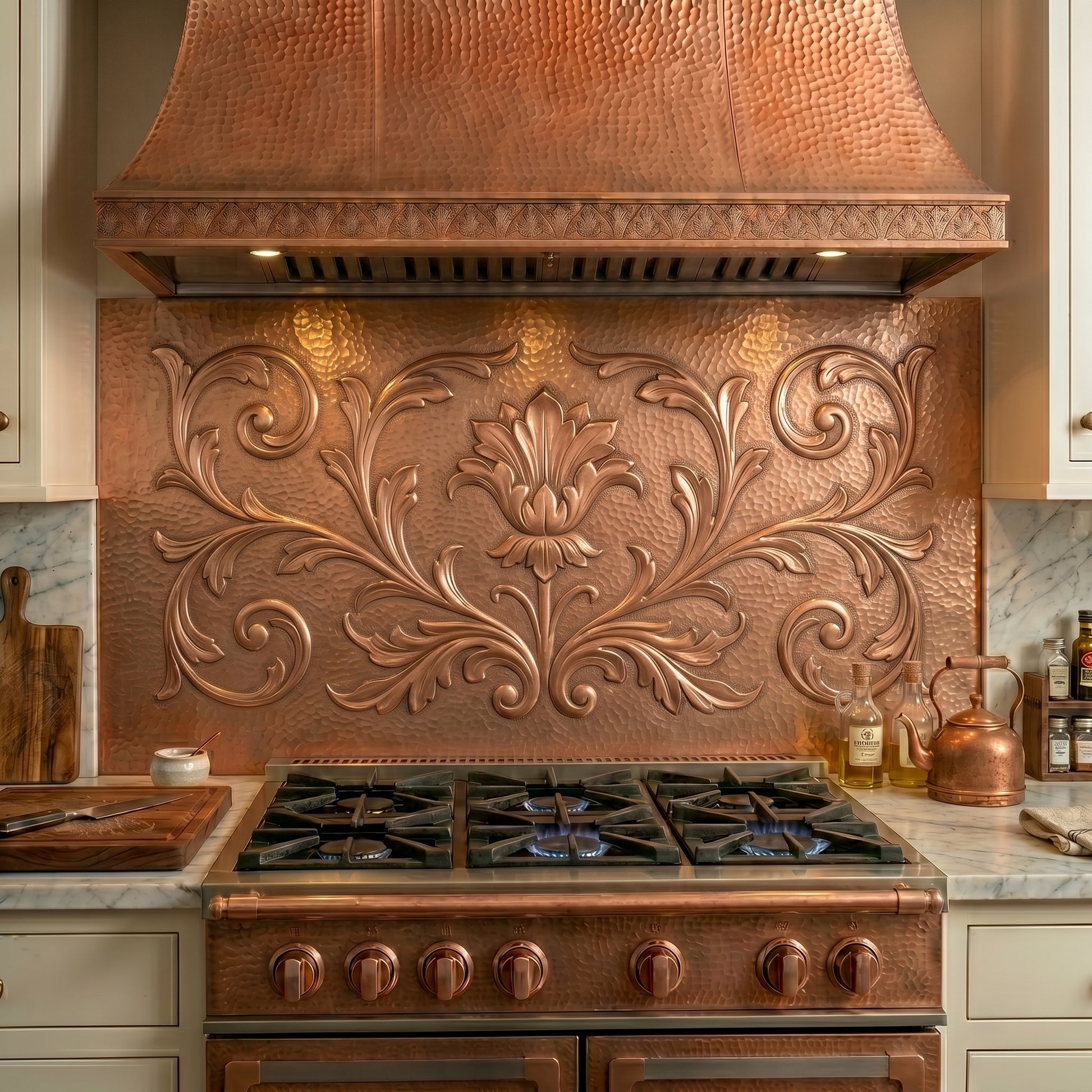 Handmade copper kitchen backsplash featuring elegant acanthus scrollwork and ornamental floral relief. Custom copper stove backsplash panel crafted from real copper and available in custom sizes and finishes for traditional, French country, Mediterranean, and luxury kitchens.