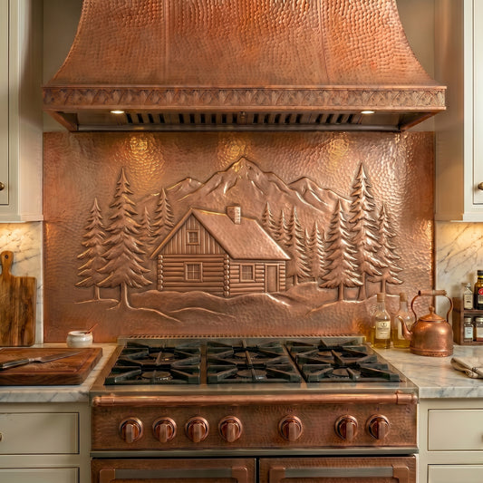 Handmade Rustic Lodge Style Copper Kitchen Backsplash crafted from real copper. Featuring a mountain cabin, pine forest, and wilderness scenery. Custom sizes available. Perfect for lodge, cabin, mountain, and rustic kitchens.