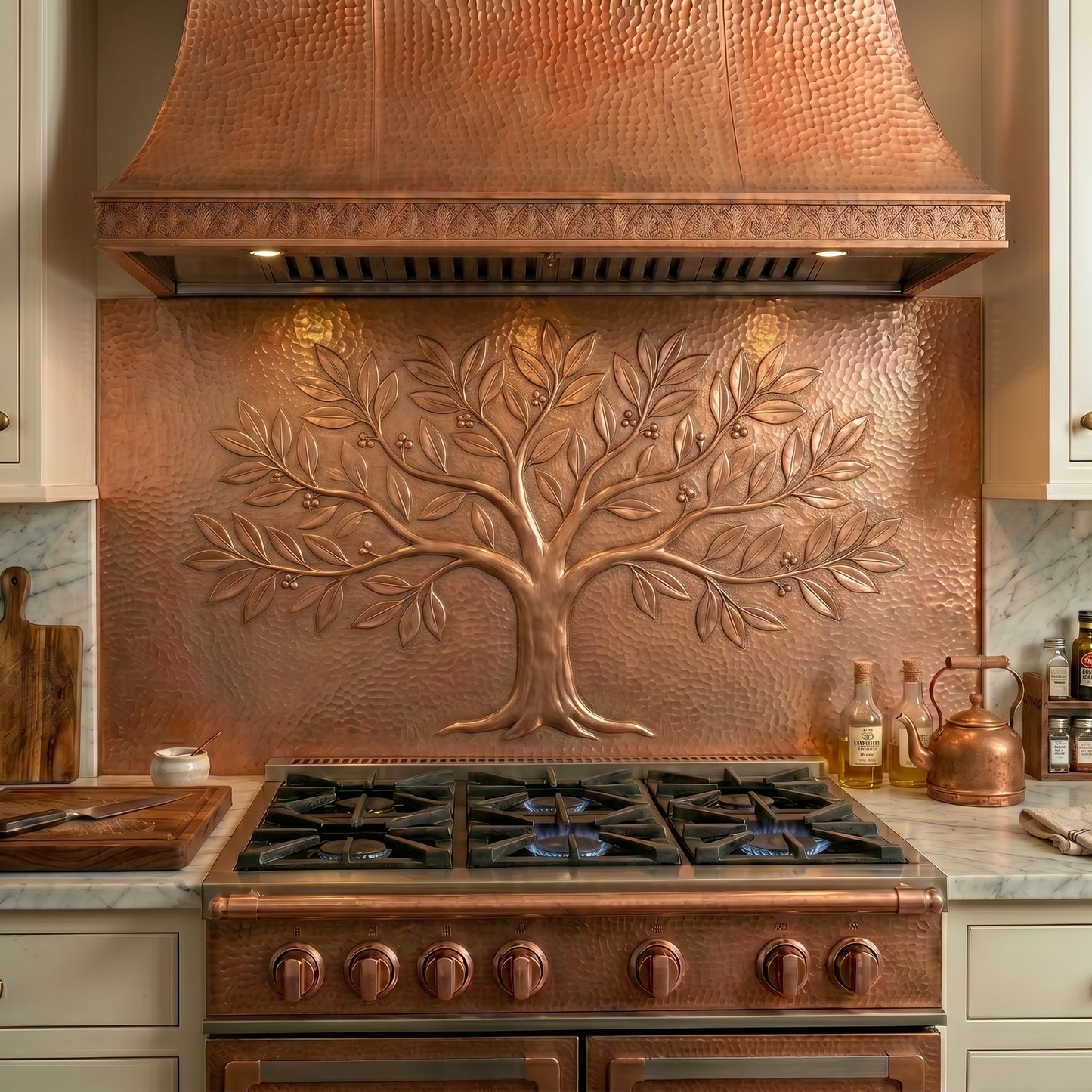 Handmade Bay Laurel Tree copper kitchen backsplash featuring elegant laurel leaves, berry clusters, and a hammered copper background. Custom sizes available for Mediterranean, Tuscan, classical, traditional, and luxury kitchens.