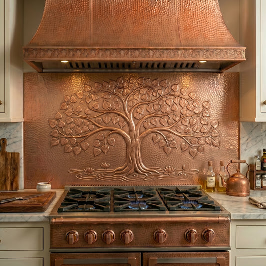 Handmade Bodhi Tree copper kitchen backsplash featuring heart-shaped leaves, lotus flowers, and peaceful water details crafted from real copper. Custom sizes available for Zen, meditation, wellness, and nature-inspired kitchens.