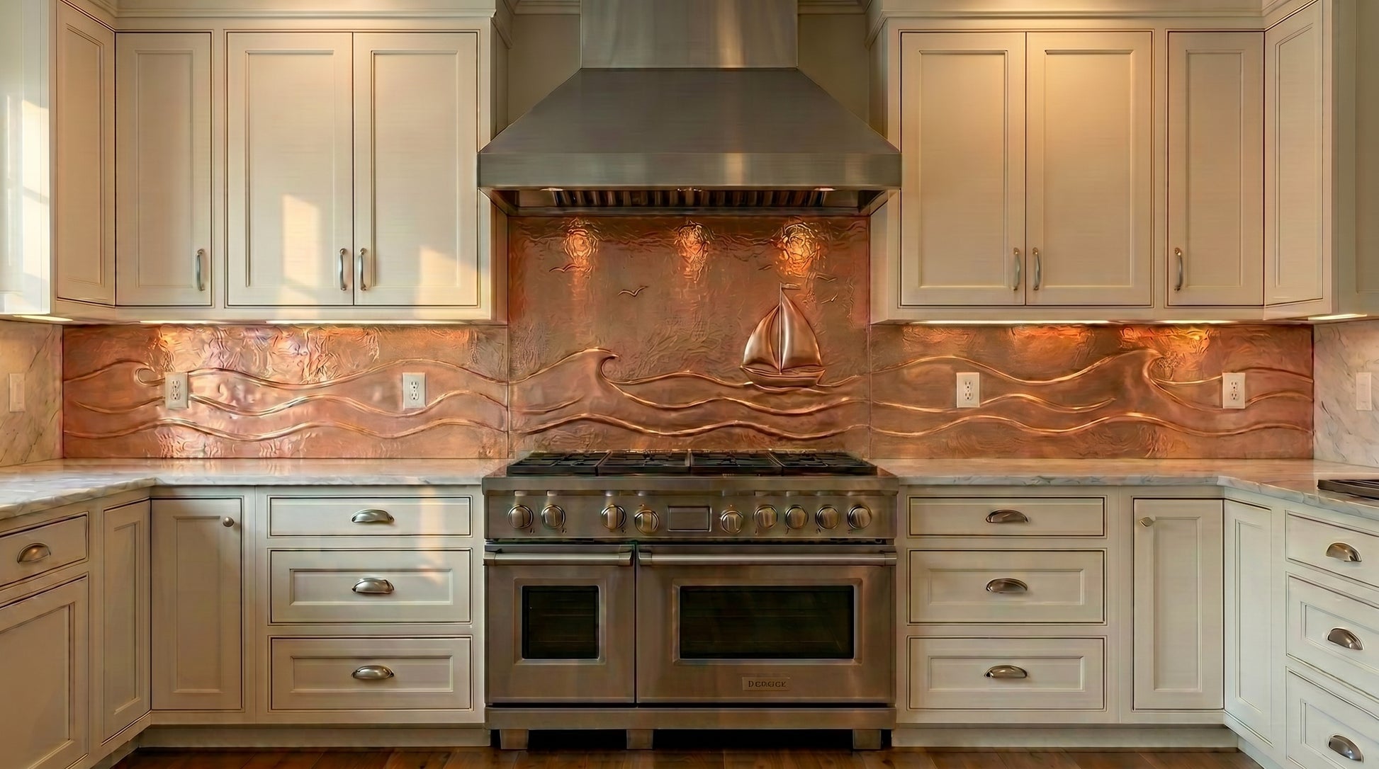 Handcrafted sailboat copper single-wall kitchen backsplash featuring flowing ocean waves and nautical coastal artwork. Custom made from real copper for luxury kitchens, beach homes, and waterfront interiors.