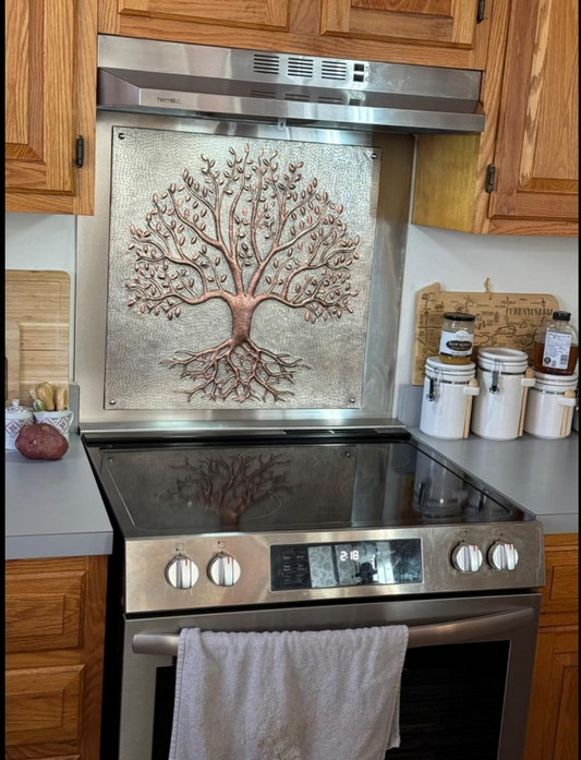 Gray & Copper Tree With Roots Backsplash | Modern Handmade Copper Kitchen Backsplash Panel - Natuross