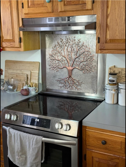 Gray & Copper Tree With Roots Backsplash | Modern Handmade Copper Kitchen Backsplash Panel - Natuross