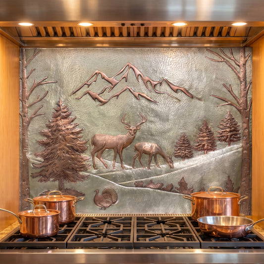 Mountain Pines & Deer Copper Backsplash — Silver–Copper