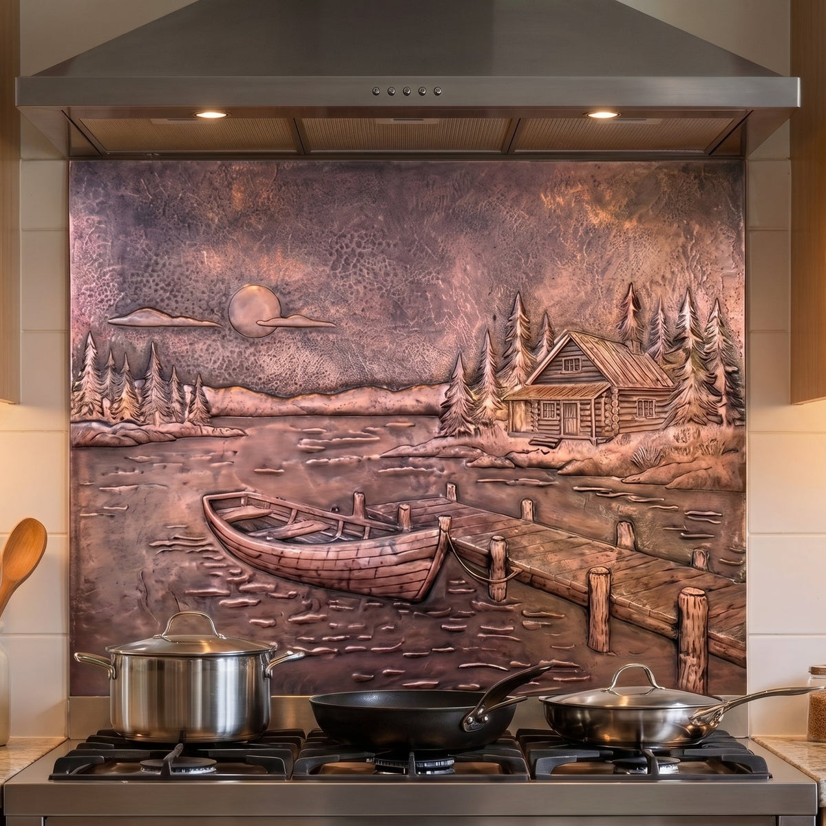 Lake House Style Copper Kitchen Backsplash -Brown Patina-