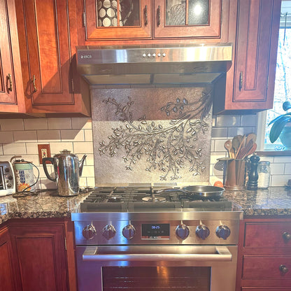 Gray Tree Branches Copper Backsplash | Modern Farmhouse Handmade Copper Kitchen Backsplash Panel