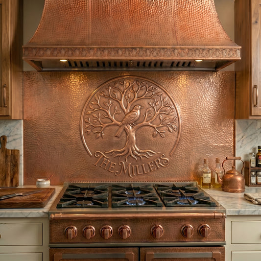Personalized copper stove backsplash featuring a family tree and songbird design. Handmade copper kitchen backsplash customized with your family name and available in custom sizes.