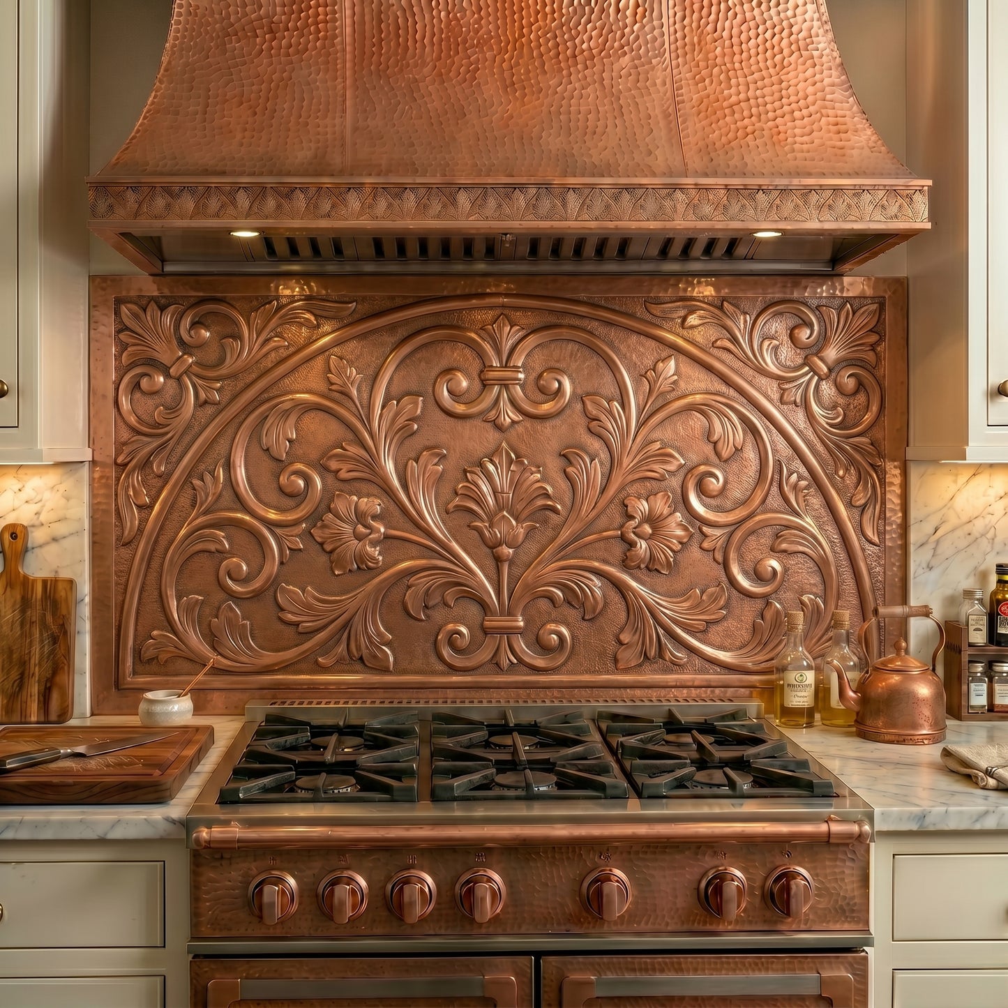 Handmade Spanish Revival Style Copper Kitchen Backsplash crafted from real copper. Featuring elegant scrollwork and Old World architectural details inspired by Spanish Colonial and Mediterranean homes. Custom sizes available.