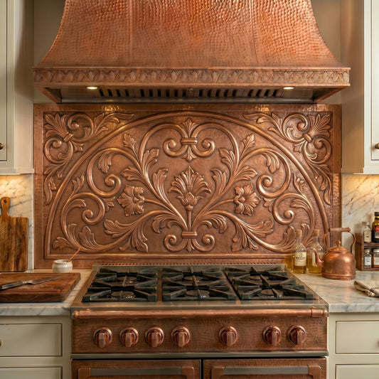 Handmade Spanish Revival Style Copper Kitchen Backsplash crafted from real copper. Featuring elegant scrollwork and Old World architectural details inspired by Spanish Colonial and Mediterranean homes. Custom sizes available.