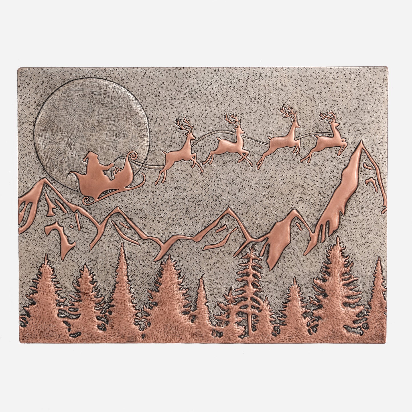 Copper Santa Claus and Reindeer Scene Handmade Art Tile 17.7"x23.6"