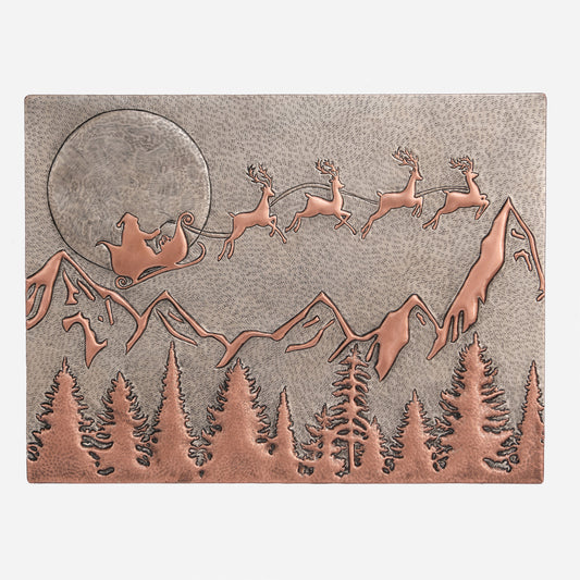 Copper Santa Claus and Reindeer Scene Handmade Art Tile 17.7"x23.6"