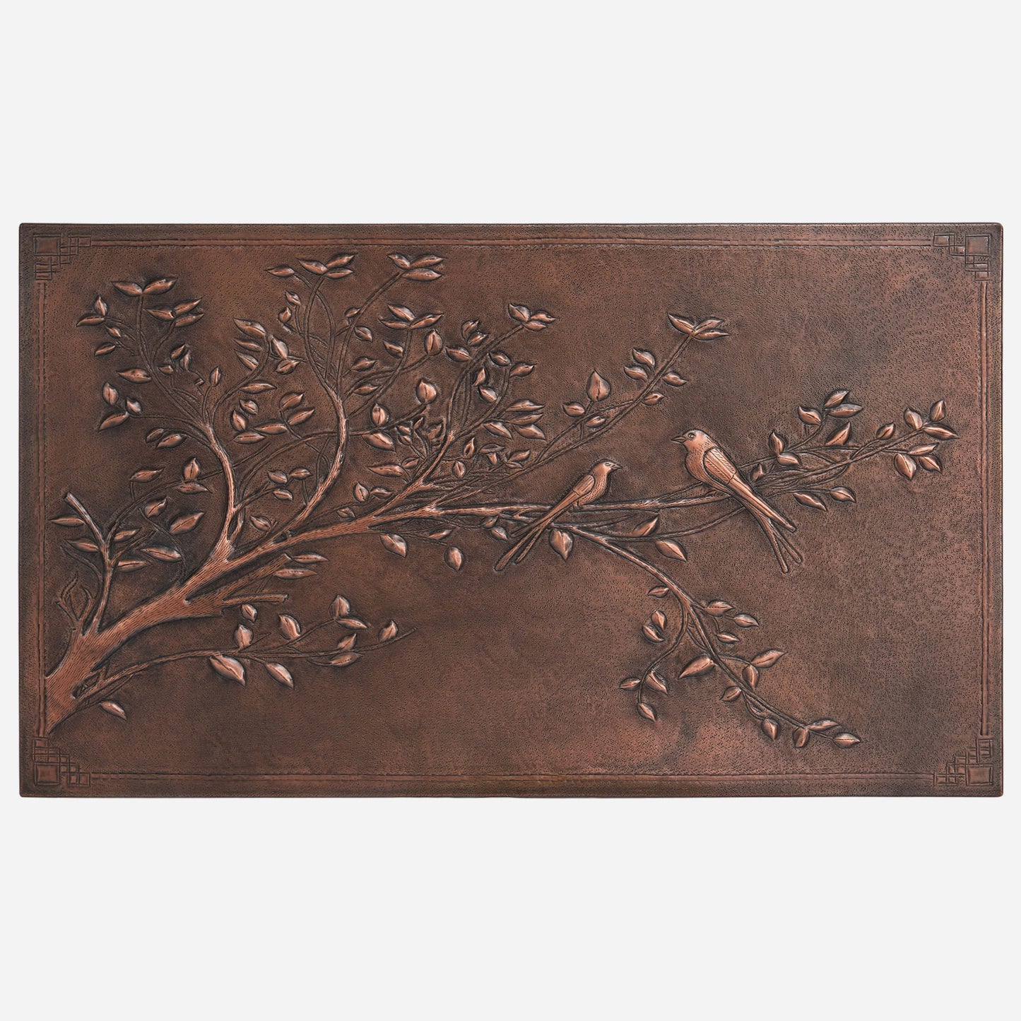 Copper Birds on Tree Branches With Ornamental Border Art Tile 16.9"x30" Brown